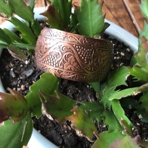 Vintage Copper Cuff Bracelet Embossed with Grape Vines, Adjustable